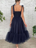 Simple dark blue tulle prom dress, blue tulle formal dress