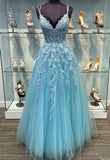 Blue v neck tulle lace long prom dress blue tulle lace evening dress SDE009|Selinadress