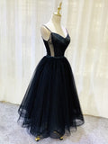 Simple  Black tulle tea length prom dress, black evening dress