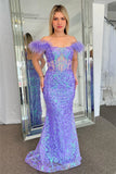 Lavender Off-the-Shoulder Mermaid Sequined Long Prom Dress with Feathers DR1596