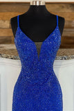 Royal Blue Beaded V-Neck Mermaid Long Prom Dress EWQ020