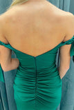 Hunter Green Off-the-Shoulder Mermaid Satin Long Prom Dress with Slit DR1553