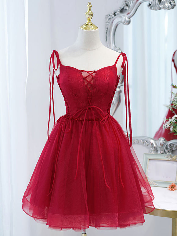 Cute burgundy tulle lace short prom dress, lace short evening dress
