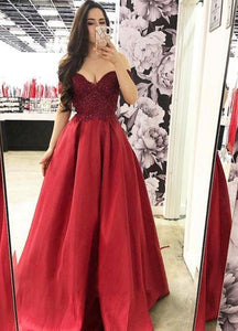 Burgundy Lace Bodice Satin Long Prom Dress,Formal Dresses Off-Shoulder Evening Dress FD001