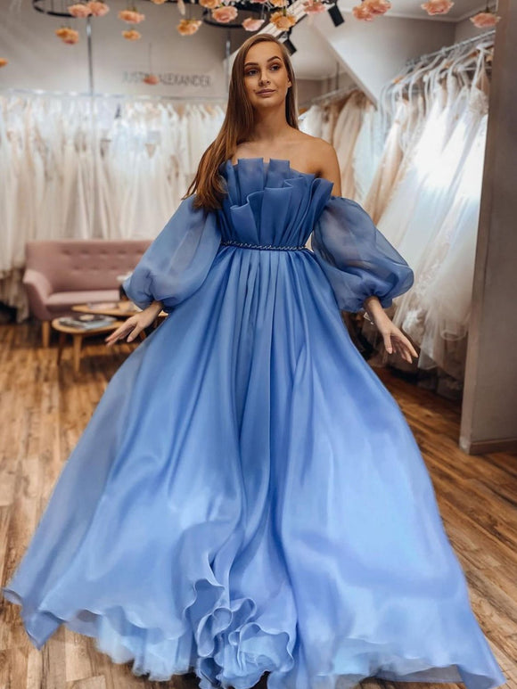 Blue Organza Long Prom Dresses,Off Shoulder Sleeveless Formal Dress SDE003
