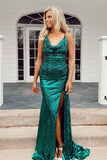 Hunter Green Sequins Cowl Neck Mermaid Prom Dress with Slit