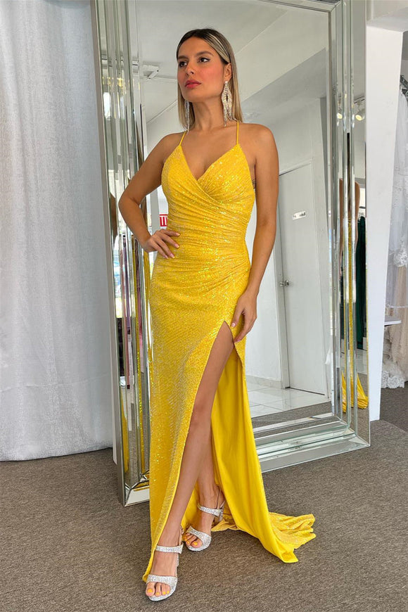 Yellow Surplice Lace-Up Mermaid Sequins Long Prom Dress with Slit DR1597