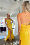 Yellow Surplice Lace-Up Mermaid Sequins Long Prom Dress with Slit DR1597