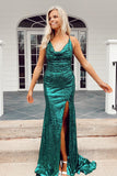 Hunter Green Sequins Cowl Neck Mermaid Prom Dress with Slit