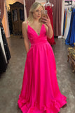 Fuchsia Plunging V Neck Straps A-line Satin Long Prom Dress with Slit