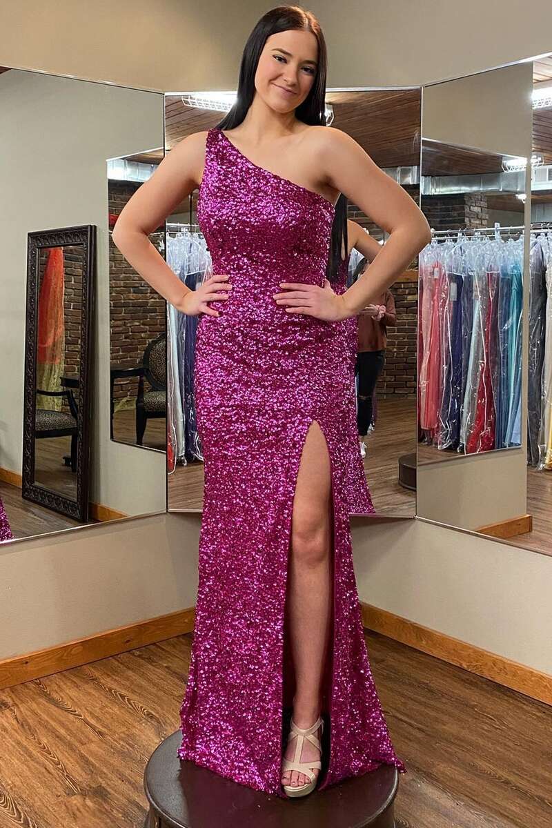 Glitters One Shoulder Hot Pink Sequins Mermaid Prom Dress EWQ002 SELINADRESS Glitters One Shoulder Hot Pink Sequins Mermaid Prom Dress EWQ002 SELINADRESS