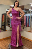 Glitters One Shoulder Hot Pink Sequins Mermaid Prom Dress EWQ002
