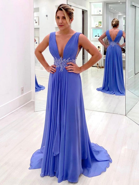 Blue v neck chiffon lace long prom dress, blue bridesmaid dress MLSD017