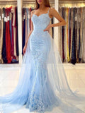 Champagne tulle lace mermaid long prom dress, tulle lace evening dress FD024