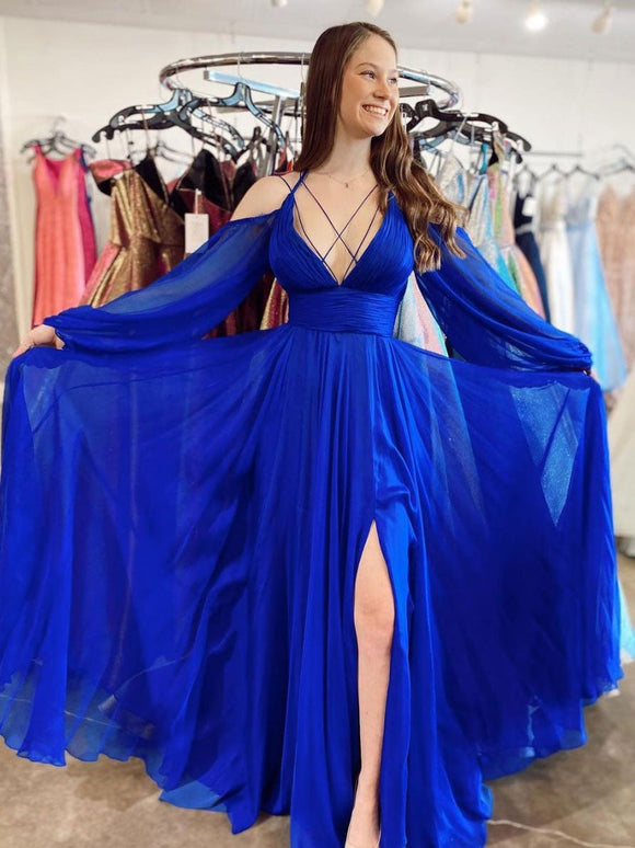 Blue v neck chiffon long prom dress, blue long evening dress MLSD017