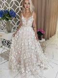 Champagne v neck tulle lace long prom dress, lace evening dress FD030