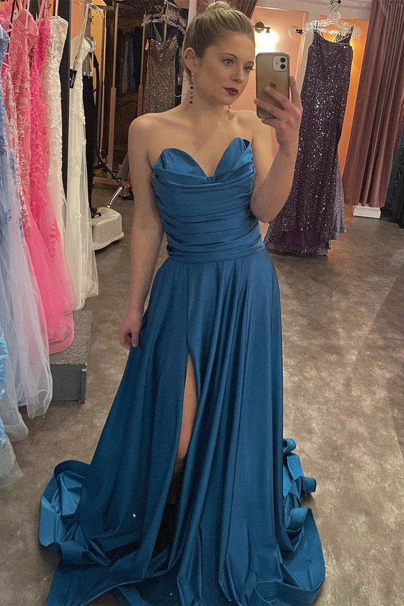 A-line Pleated Ink Blue Strapless Satin Long Prom Dress with Slit DR16295