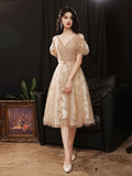 Champagne v neck tulle lace short prom dress, champagne evening dress