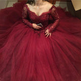 Burgundy Lace Appliques Long Sleeves Tulle Ball Gowns Prom Dresses FD032