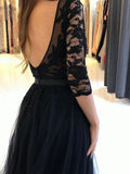 Black round neck tulle lace long prom dress, black evening dress MLSD011