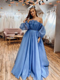 Blue Organza Long Prom Dresses,Off Shoulder Sleeveless Formal Dress SDE003