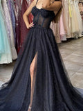 Black sweetheart neck tulle long prom dress, black tulle evening dress MLSD013
