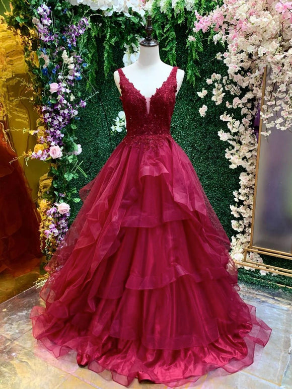 Burgundy v neck tulle lace long prom dress, burgundy evening dress FD012