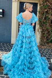 Blue Puff Sleeves A-line Multi-Layers Long Prom Dress with Slit