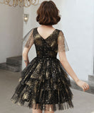 Black v neck tulle sequin short prom dress, black homecoming dress