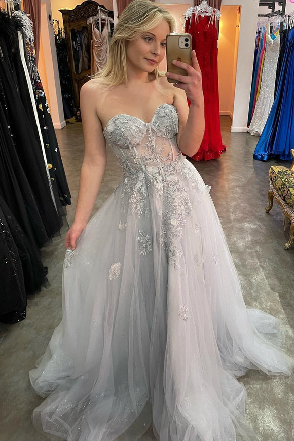 Grey Strapless Appliques A-line Tulle Long Prom Dress