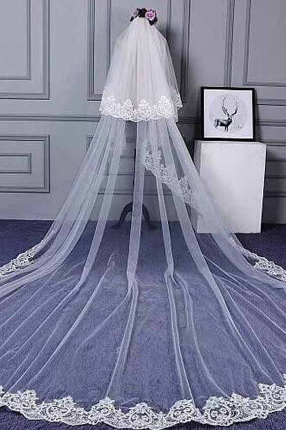 Charming Long Tulle Lace With Appliques Chapel Veils Wedding Veil V21