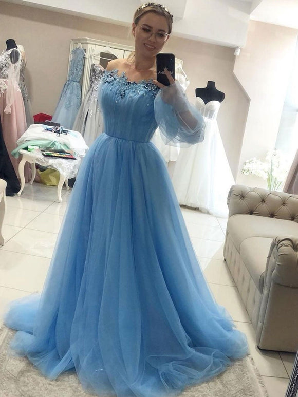 Blue Long Sleeve neck tulle lace long prom dress, blue evening dress SDE004