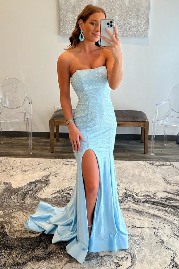 Light Blue Beaded Strapless Mermaid Long Prom Dress EWQ014