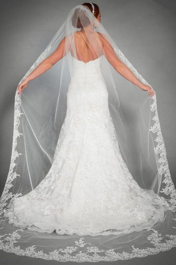 One Tier Lace Appliques Edge Cathedral Veil Long Wedding Veils V24