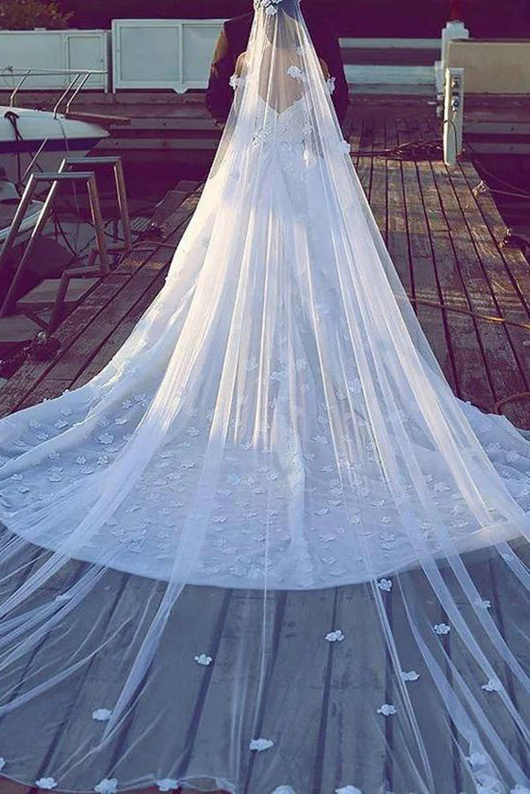 Elegant Chapel Veils Lace Appliques Long Wedding Veils V22