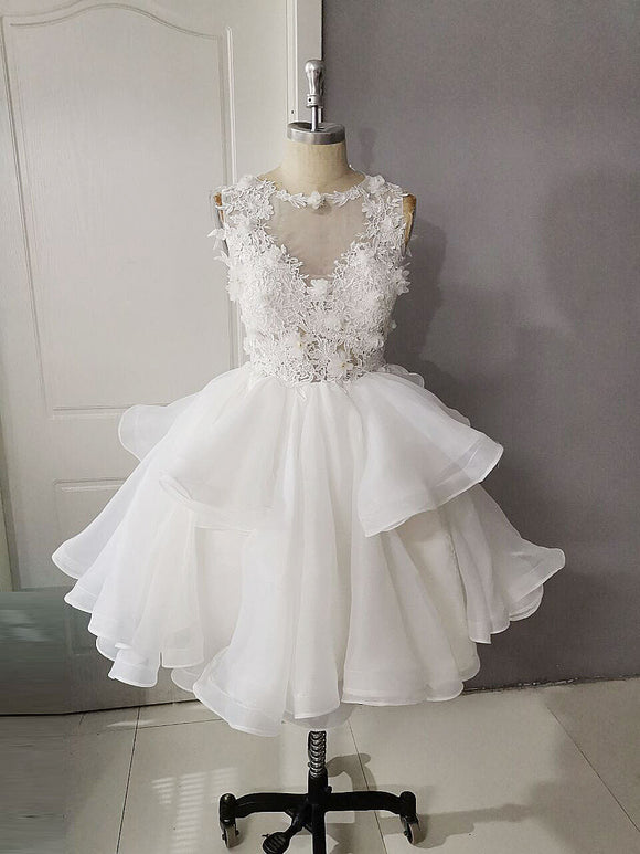 White round neck tulle lace short prom dress, white lace homecoming dress