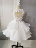 White round neck tulle lace short prom dress, white lace homecoming dress