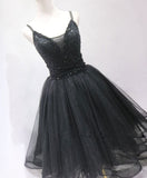 Black tulle beads short prom dress, black homecoming dress