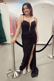 Black Lace-Up Sequins Mermaid Deep V Neck Long Prom Dress with Slit DR16298