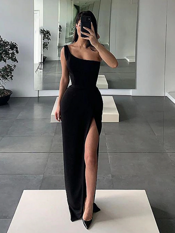 Black One Shoulder Prom Dress with High Leg Slit, One Shoulder Black High Slit Formal Evening Dresses MLSD010