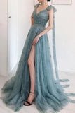 A-Line Bow Tie Straps Lace High Split Tulle Prom Dress, Evening Dress GRD020