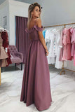 A-Line Cold Shoulder Purple Satin Prom Dress With Split, Evening Dress GRD021