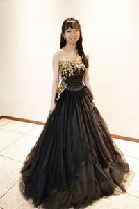 A Line Strapless Black Tulle Gold Lace Sleeveless Long Prom Dress Evening Dress GRD008