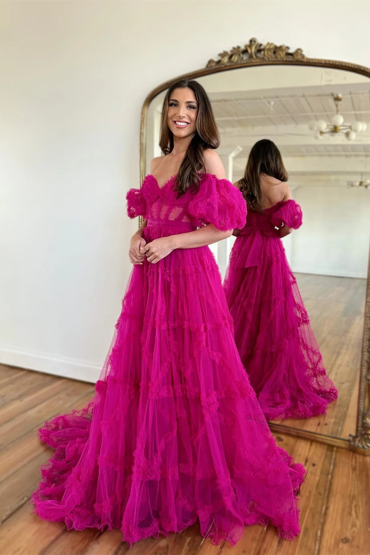 A-Line Princess Pink Off-the-Shoulder Tulle Long Prom Dress with Ruffl SELINADRESS A-Line Princess Pink Off-the-Shoulder Tulle Long Prom Dress with Ruffl SELINADRESS