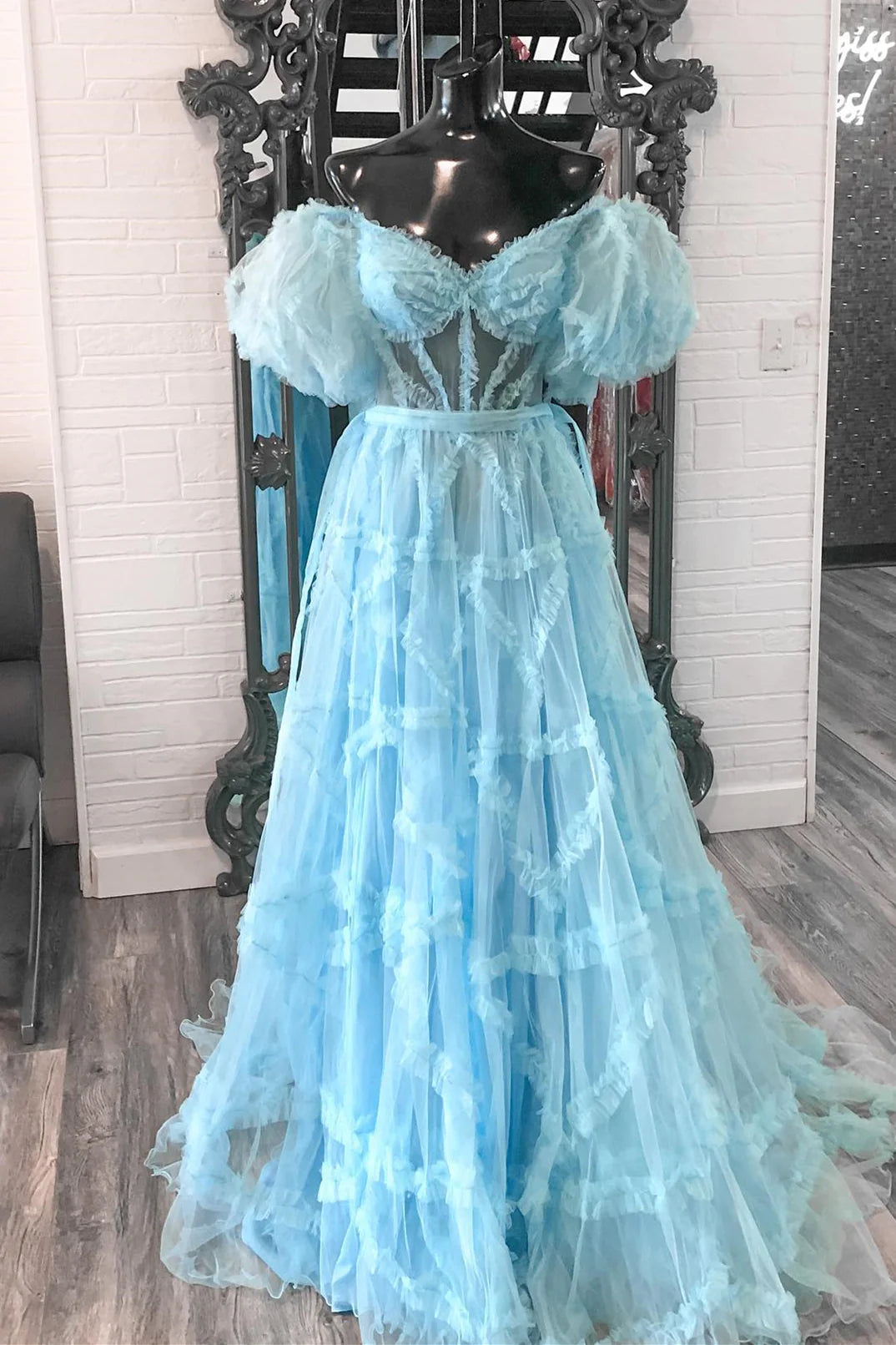 A-Line Princess Pink Off-the-Shoulder Tulle Long Prom Dress with Ruffl SELINADRESS A-Line Princess Pink Off-the-Shoulder Tulle Long Prom Dress with Ruffl SELINADRESS