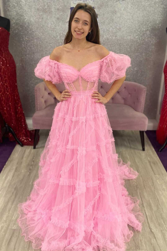 A-Line Princess Pink Off-the-Shoulder Tulle Long Prom Dress with Ruffles #JKSS04