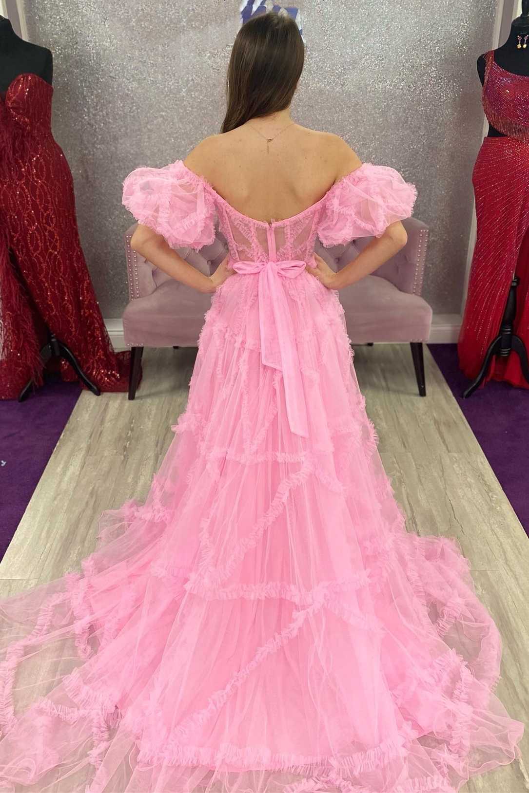 A-Line Princess Pink Off-the-Shoulder Tulle Long Prom Dress with Ruffl SELINADRESS A-Line Princess Pink Off-the-Shoulder Tulle Long Prom Dress with Ruffl SELINADRESS
