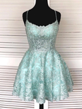 A-Line Light Blue Lace Cute Homecoming Dress Short Prom Dress #MHL083|Selinadress