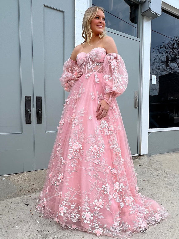 A-line Beautiful  Sweetheart Long Prom Dress Pink Lace Evening Dress Formal Dress JKSS20