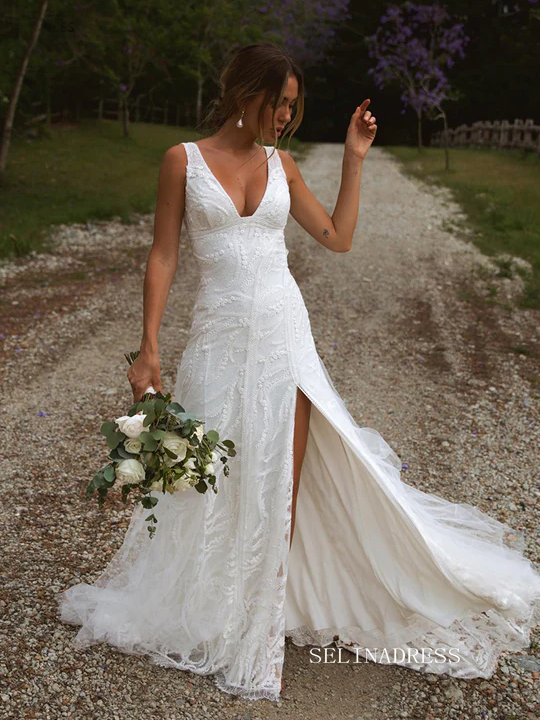 A-line Deep V neck Lace White Wedding Dress Rustic Wedding Gown KTC020|Selinadress